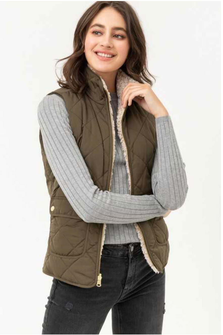 Olive Reversible Sherpa Vest