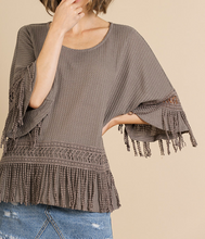 Load image into Gallery viewer, Neutral Bell Sleeve Crochet Fringe Top