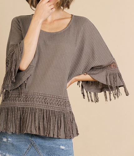 Neutral Bell Sleeve Crochet Fringe Top