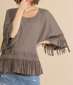 Neutral Bell Sleeve Crochet Fringe Top