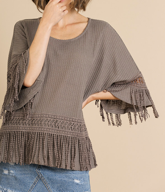 Neutral Bell Sleeve Crochet Fringe Top