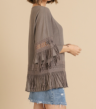 Load image into Gallery viewer, Neutral Bell Sleeve Crochet Fringe Top