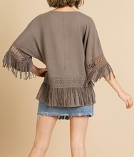 Load image into Gallery viewer, Neutral Bell Sleeve Crochet Fringe Top