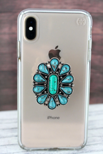 TURQUOISE BEADED OVAL CELL PHONE GRIP COVER