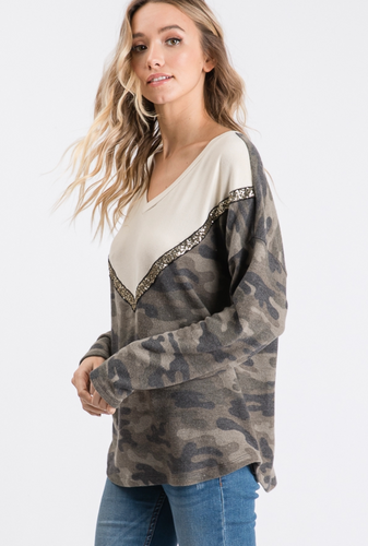 Camo Color Block V Neck