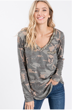 Load image into Gallery viewer, Camo Sequin V Neck