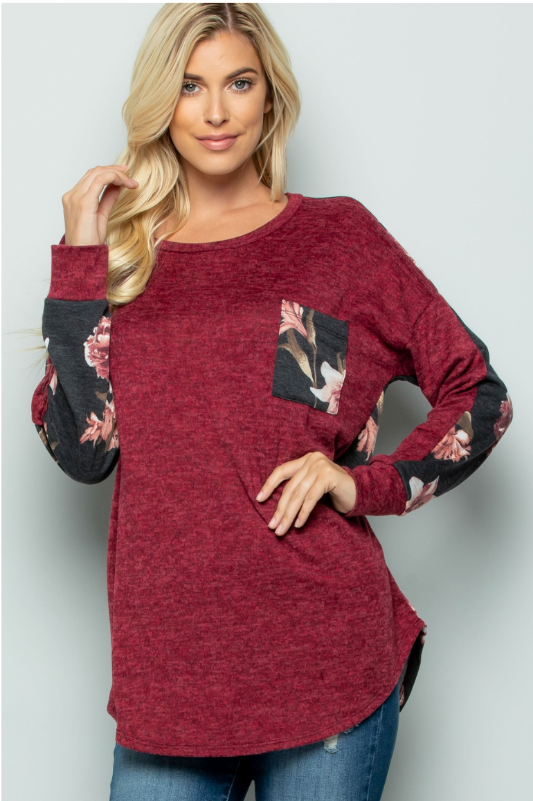 Burgundy Floral Contrast Top