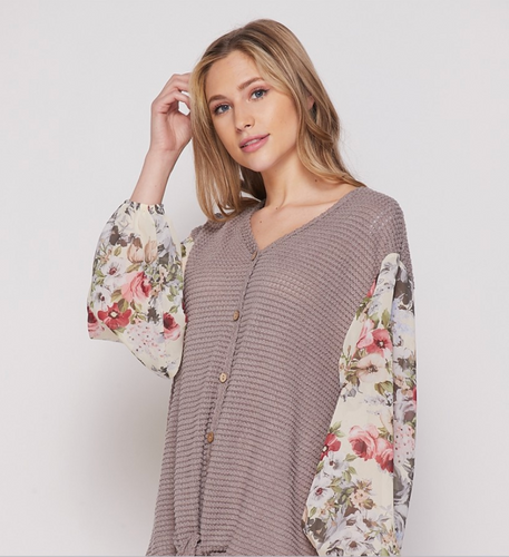 Floral Sleeve Tie Front Top - PLUS