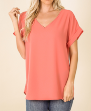 Load image into Gallery viewer, Rolled Sleeve V-Neck Blouse