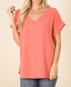 Rolled Sleeve V-Neck Blouse