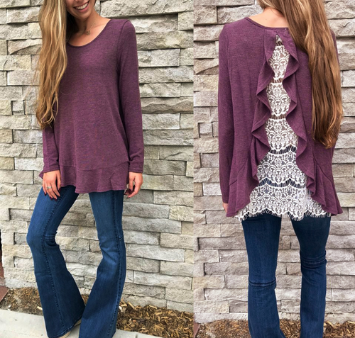 Plum Long Sleeve Back Lace Splicing Top