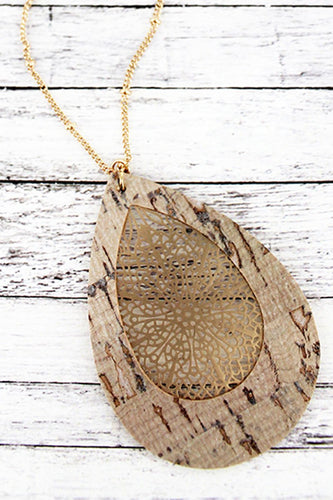 Ivory Cork and Goldtone Filigree Teardrop Necklace