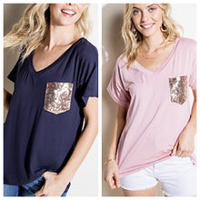 Load image into Gallery viewer, Solid Tee with Sequin Pocket