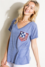 Load image into Gallery viewer, Blue Patriotic Sequin Pocket Tee (PLUS)