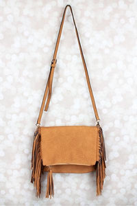 Camel Faux Leather Fringed Crossbody Purse